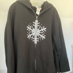 Quacker Factory 2X black Christmas snowflake zip up hoodie sweatshirt beads
